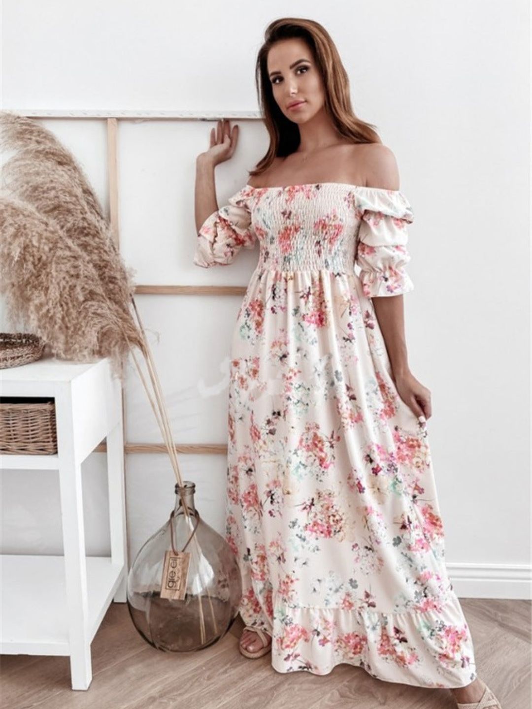 Oh Rare Womens Printed Off Shoulder Elegant Long Maxi Dress