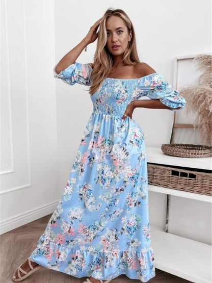 Oh Rare Womens Printed Off Shoulder Elegant Long Maxi Dress