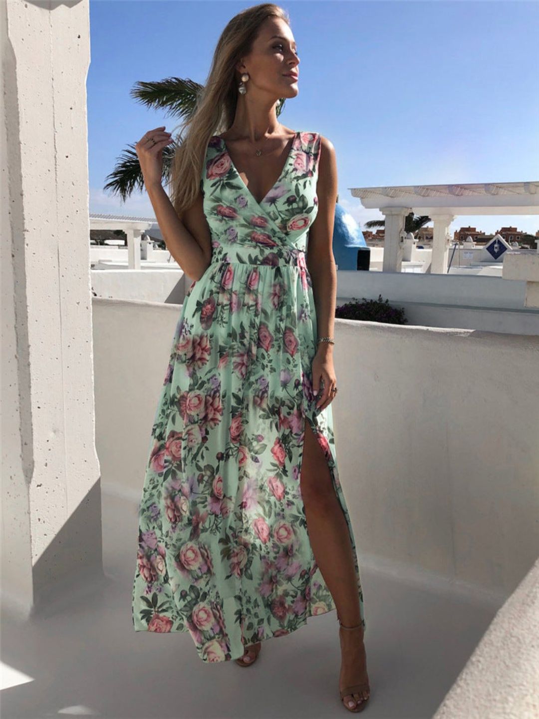 Oh Rare Womens Holiday Beach Floral Chiffon Maxi Dress Sleeveless