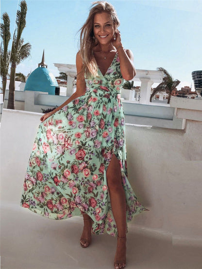 Oh Rare Womens Holiday Beach Floral Chiffon Maxi Dress Sleeveless