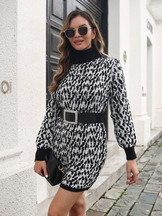 Black Abstract Printed Turtle Neck Acrylic Mini Sweater Dress