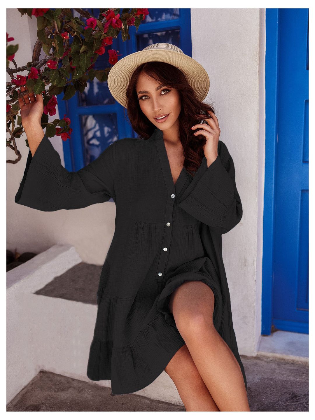 Oh Rare Womens Solid Color Bell Sleeve Loose Mini Dress