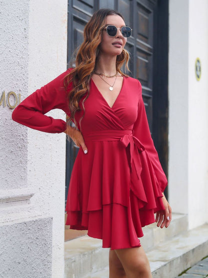 Oh Rare Multi-Layer Hem V-Neck Dress Womens Long Sleeves Dress