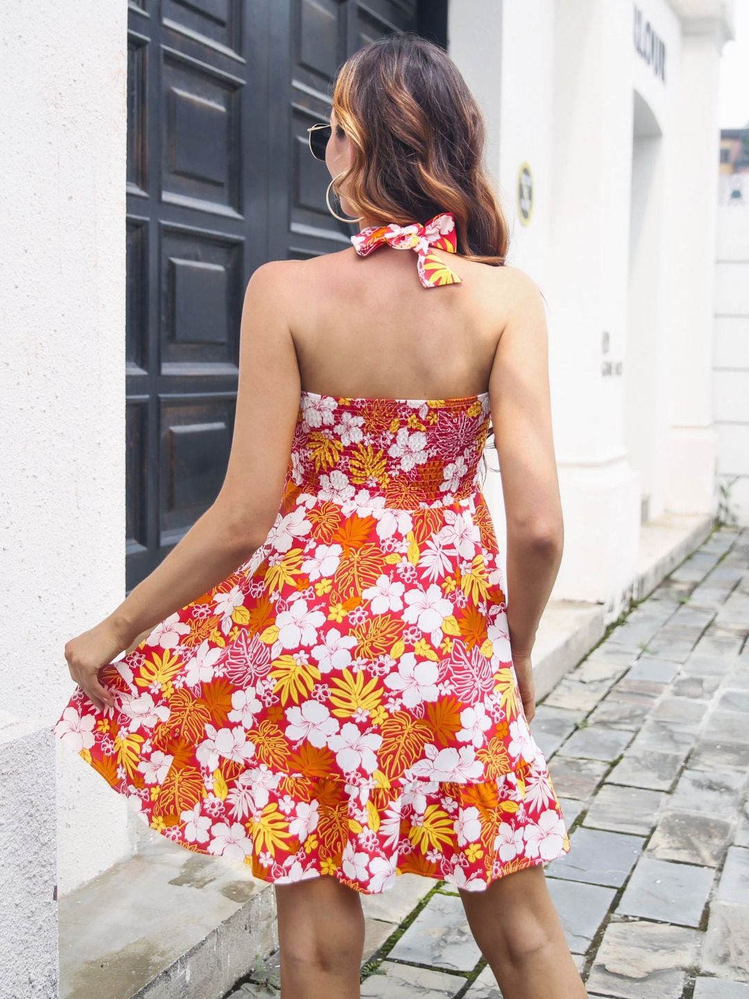 Oh Rare Floral Halter Neck Backless Ruffled Resort Style Dress