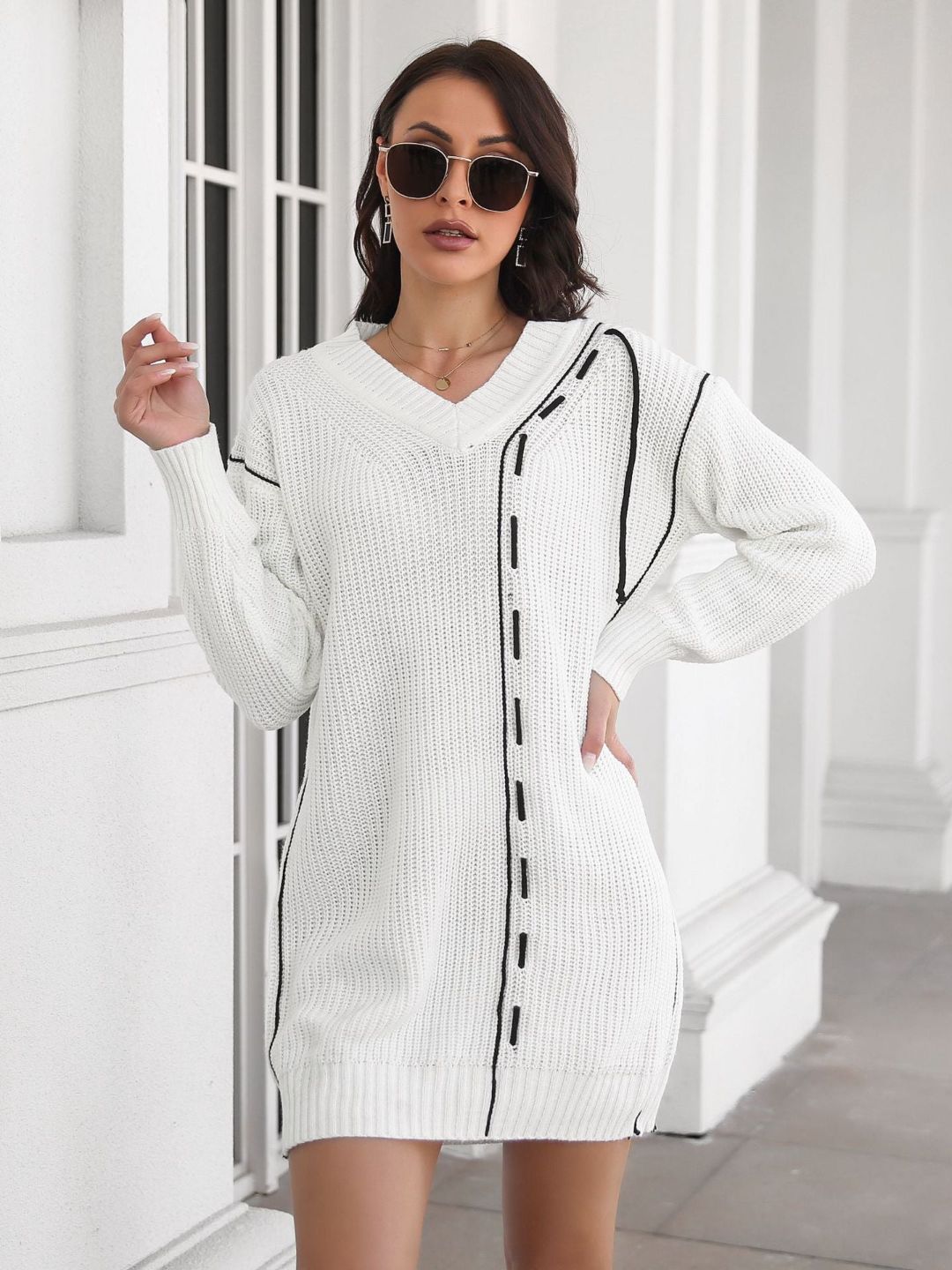 Oh Rare Designed Drawstring V-Neck Long Sleeves Sweater Dress