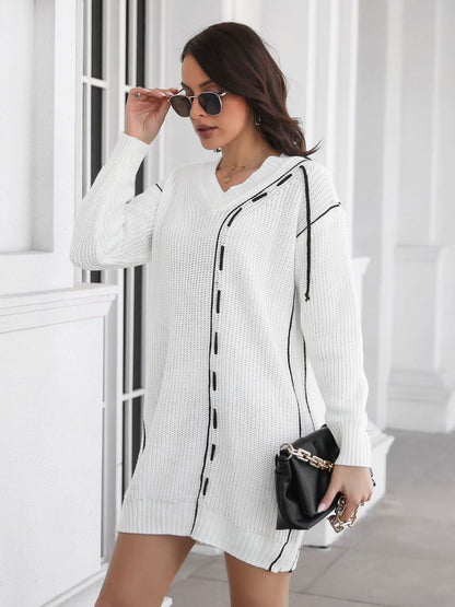 Oh Rare Designed Drawstring V-Neck Long Sleeves Sweater Dress