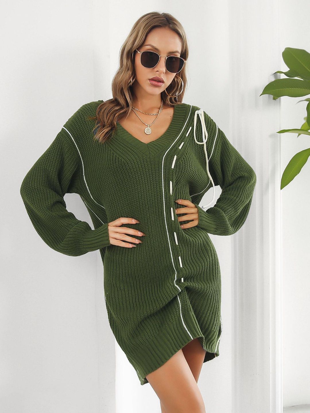 Oh Rare Designed Drawstring V-Neck Long Sleeves Sweater Dress