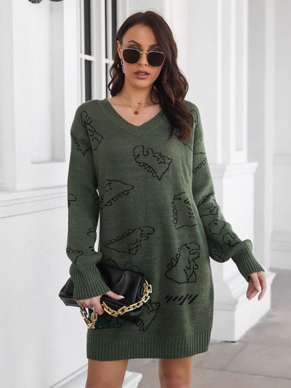 Oh Rare Cute Dinosaur Cartoon Jacquard V-Neck Long Sleeves Sweater Dress