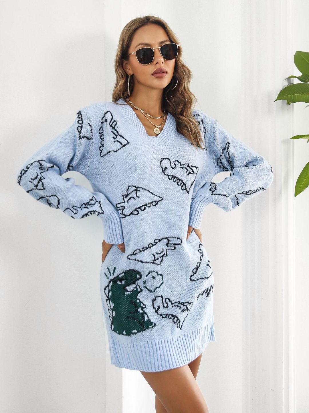 Oh Rare Cute Dinosaur Cartoon Jacquard V-Neck Long Sleeves Sweater Dress