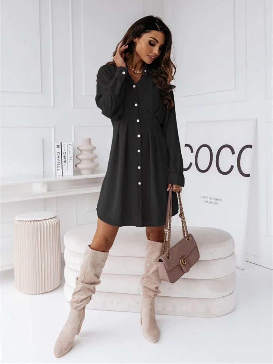 Oh Rare Womens Solid Color Shirt Collar Mini Dress