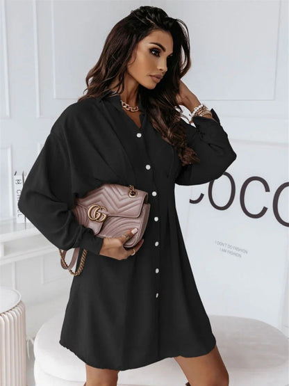 Oh Rare Womens Solid Color Shirt Collar Mini Dress