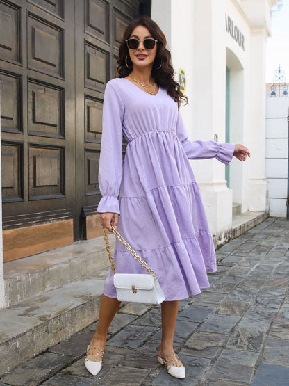 Oh Rare Bamboo Linen Trumpet Sleeves V-Neck LayeHem Dress