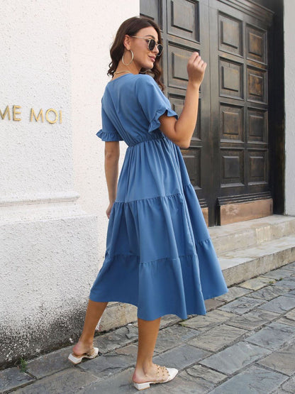 Oh Rare Ruffled Short Sleeves V-Neck LayeLarge Swing Dress