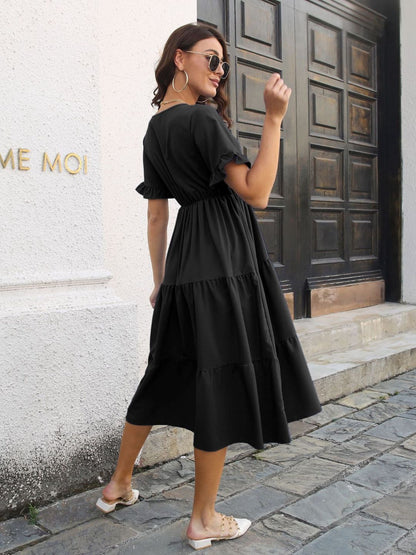 Oh Rare Ruffled Short Sleeves V-Neck LayeLarge Swing Dress