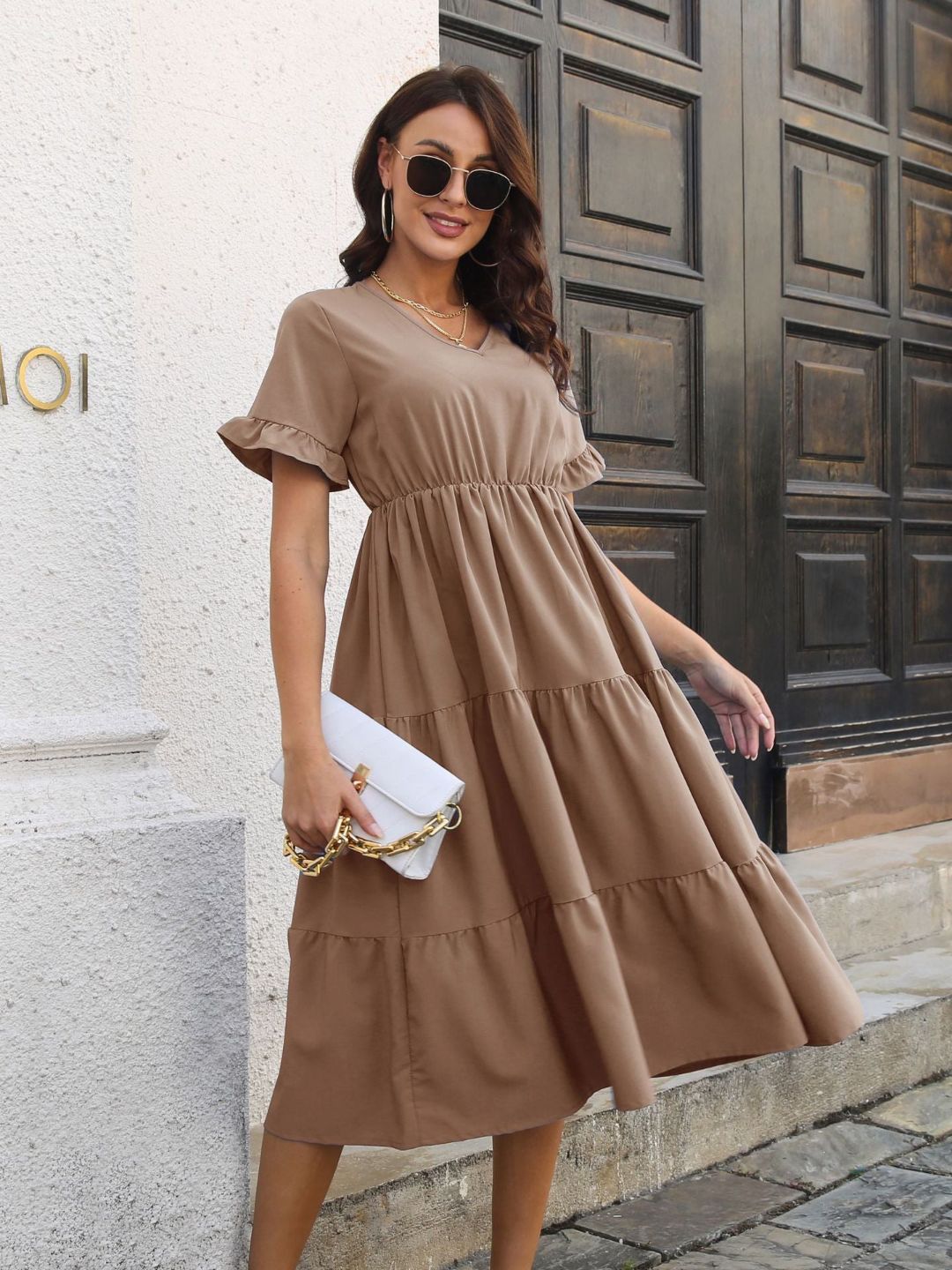 Oh Rare Ruffled Short Sleeves V-Neck LayeLarge Swing Dress