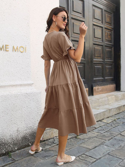 Oh Rare Ruffled Short Sleeves V-Neck LayeLarge Swing Dress