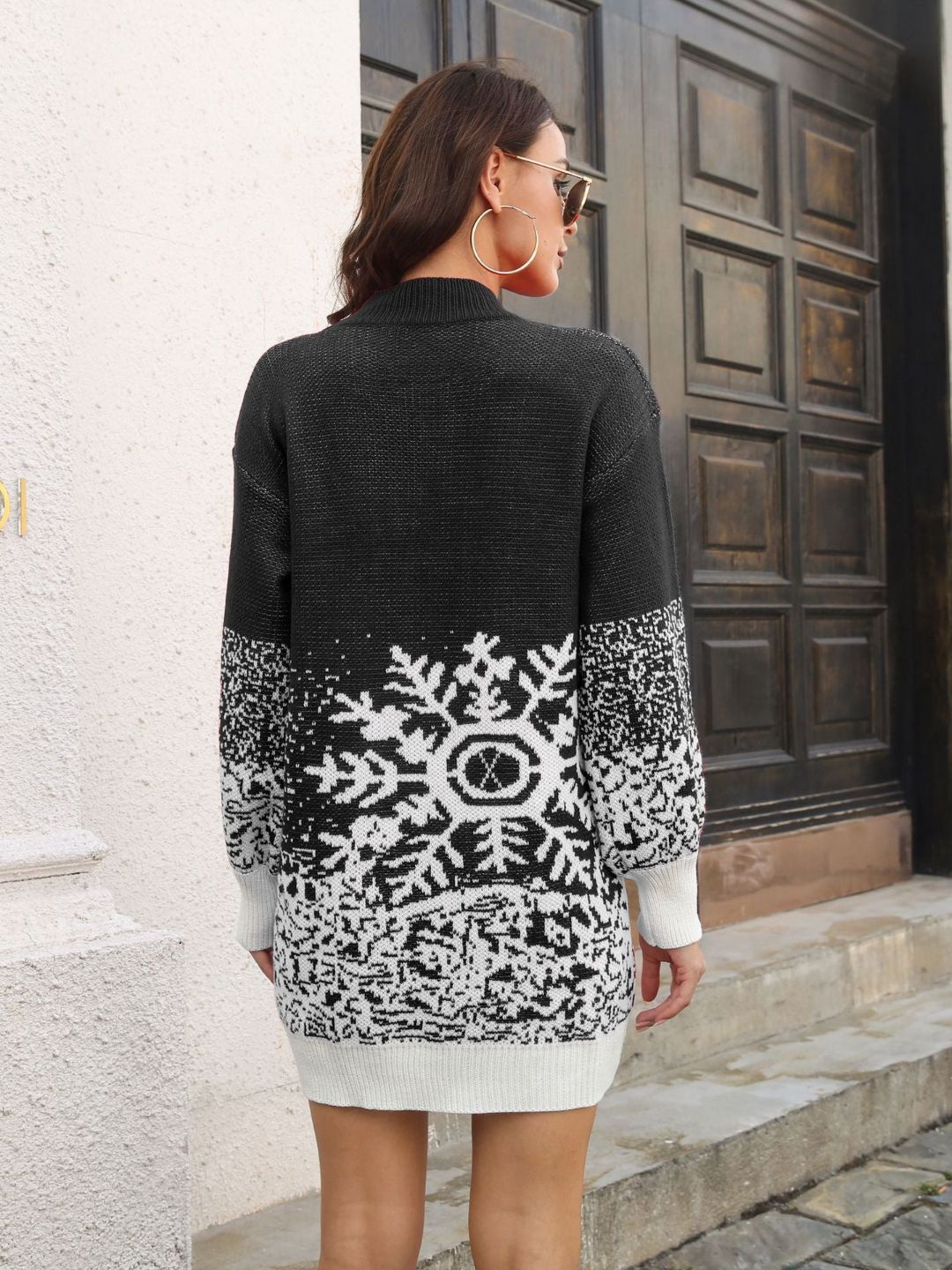 Oh Rare Snowflake Jacquard Lantern Sleeves Loose Knitted Dress