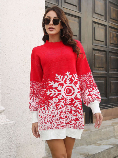 Oh Rare Snowflake Jacquard Lantern Sleeves Loose Knitted Dress