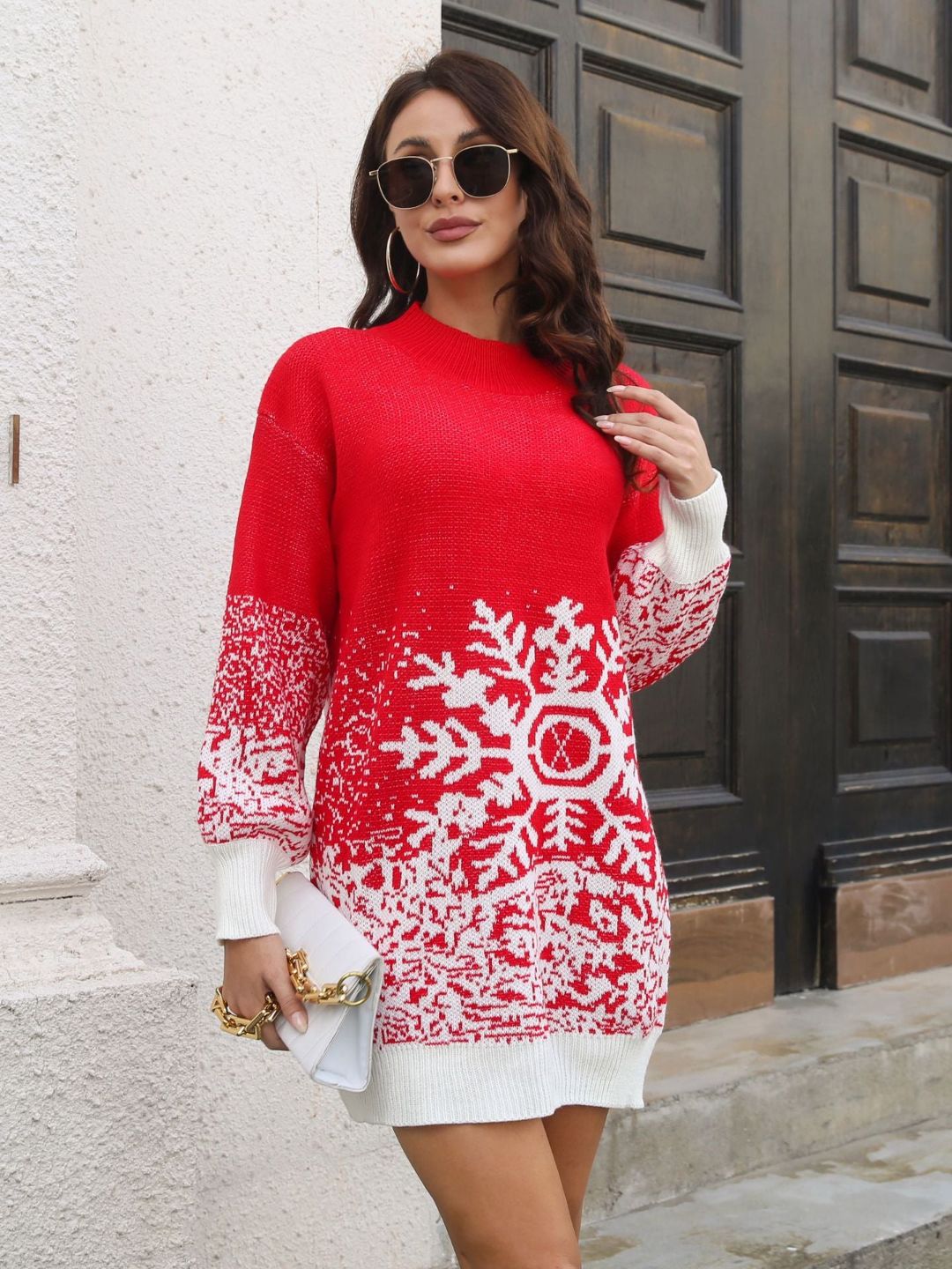 Oh Rare Snowflake Jacquard Lantern Sleeves Loose Knitted Dress