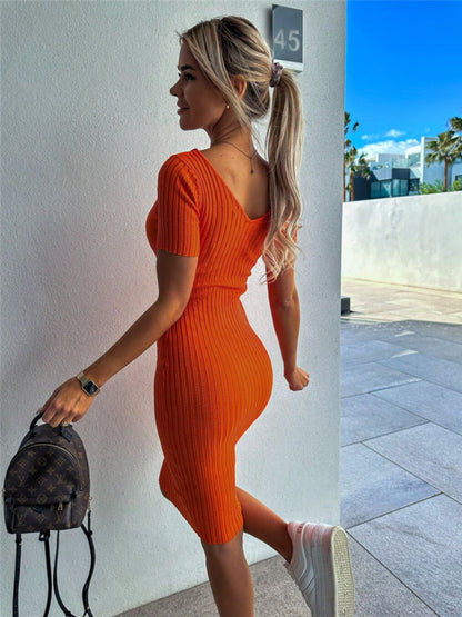 Oh Rare Womens Solid Color Slim Casual Mid Length Midi Dress