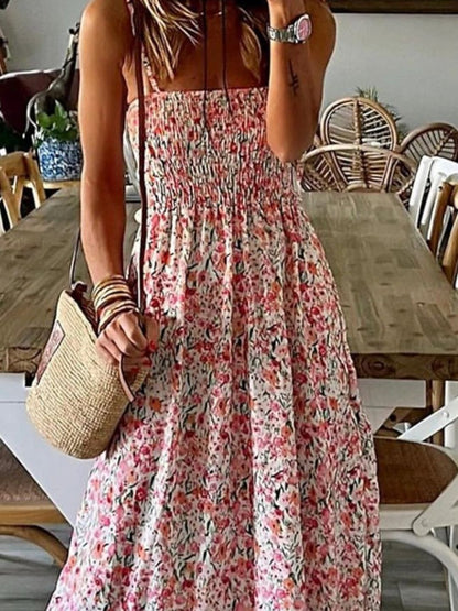 Oh Rare Womens  Pink Printed Suspender Swing Maxi Dress