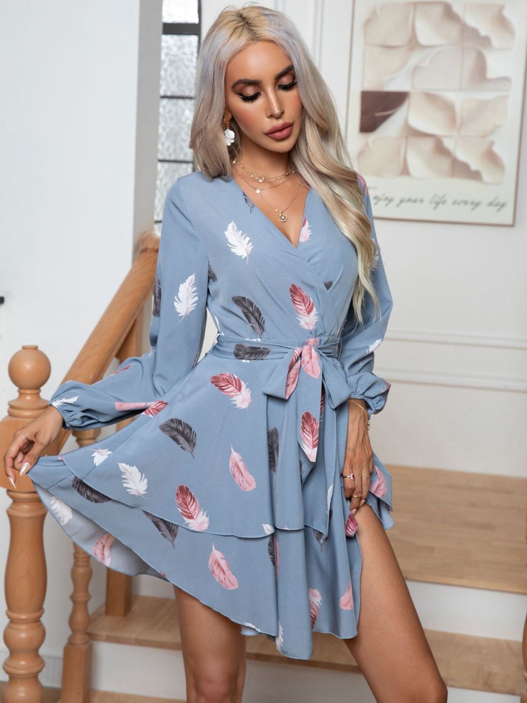 Oh Rare Feather Print Multi-Layer Hem V-Neck Dress