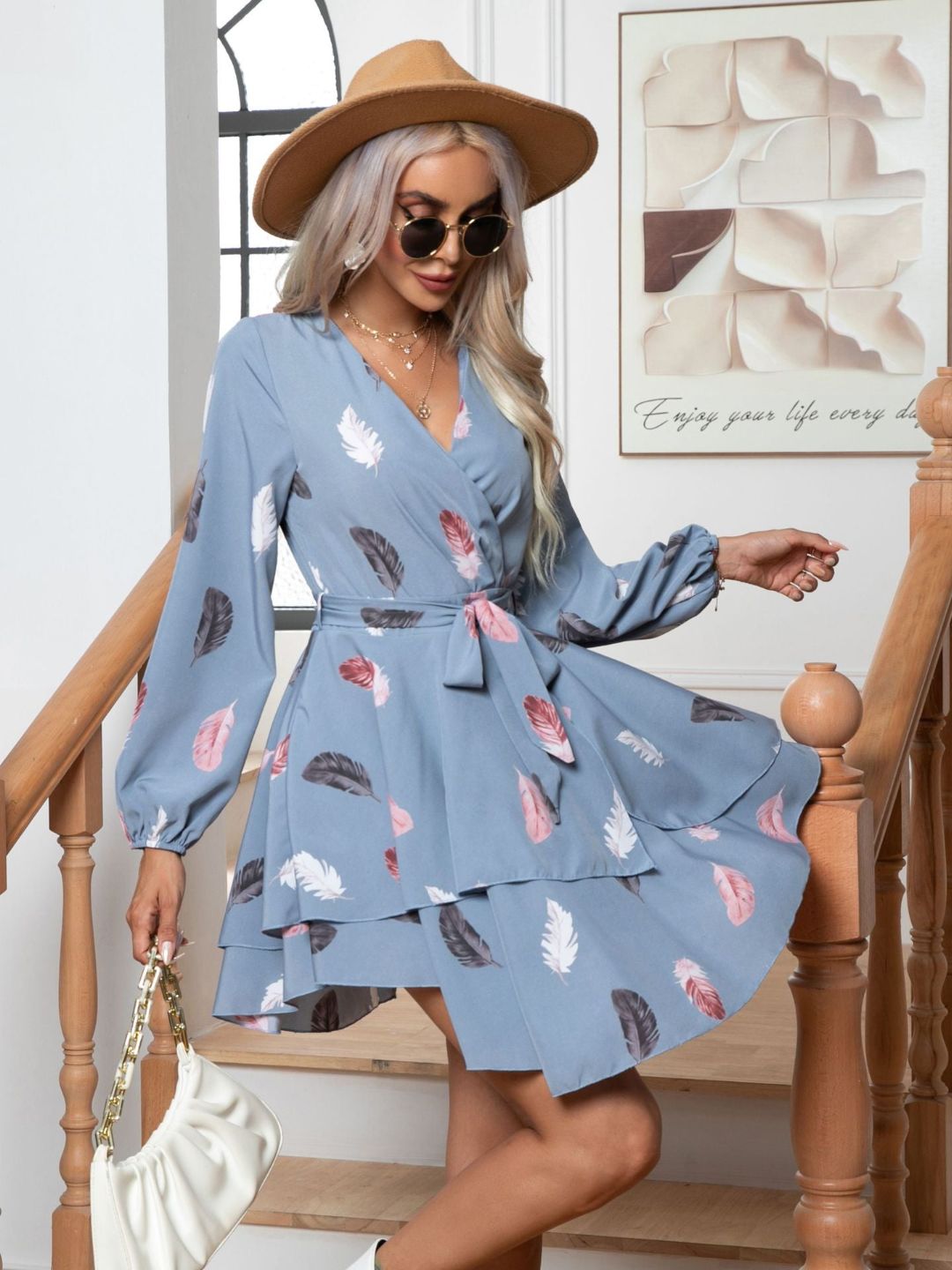 Oh Rare Feather Print Multi-Layer Hem V-Neck Dress