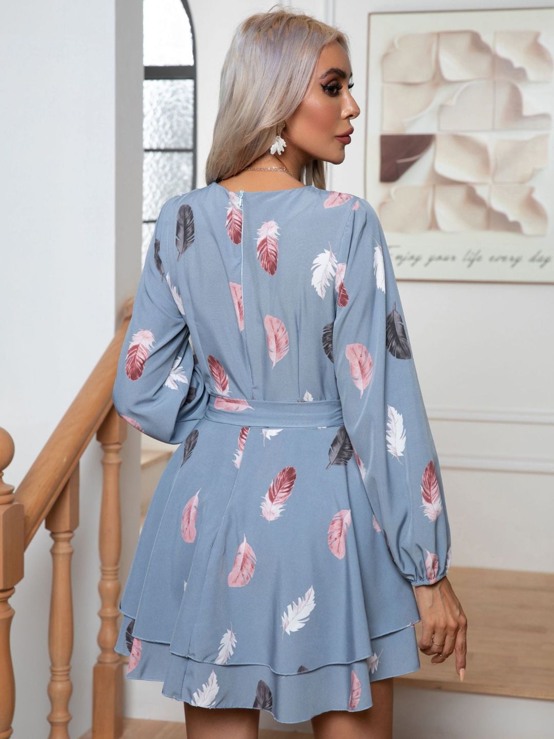 Oh Rare Feather Print Multi-Layer Hem V-Neck Dress