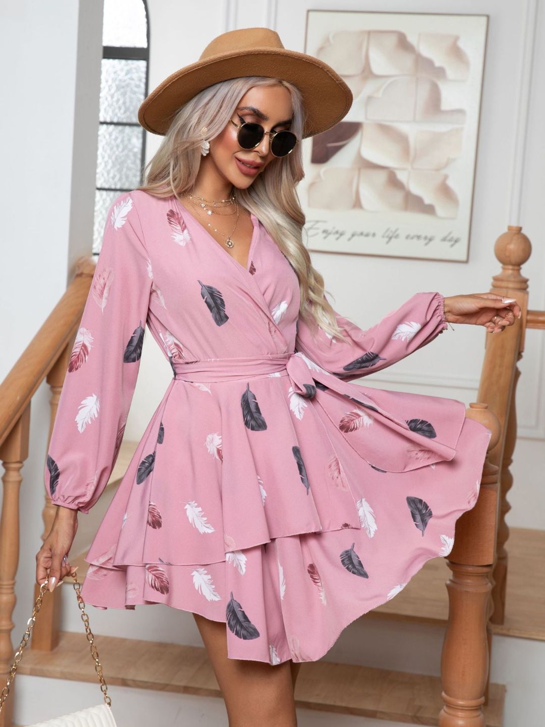 Oh Rare Feather Print Multi-Layer Hem V-Neck Dress