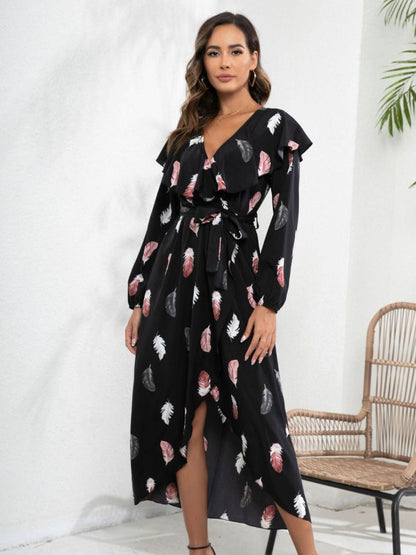 Oh Rare Black Feather Print Ruffle Collar Lantern Sleeve Wrap Dress