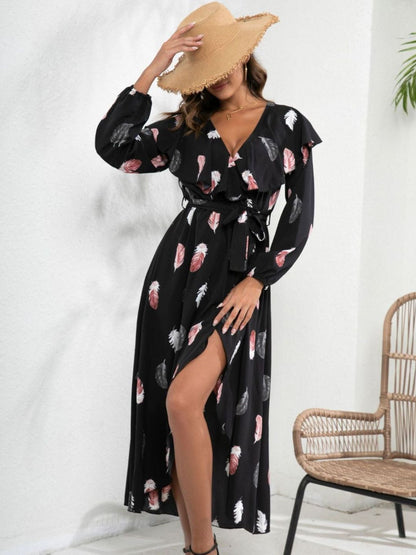 Oh Rare Black Feather Print Ruffle Collar Lantern Sleeve Wrap Dress