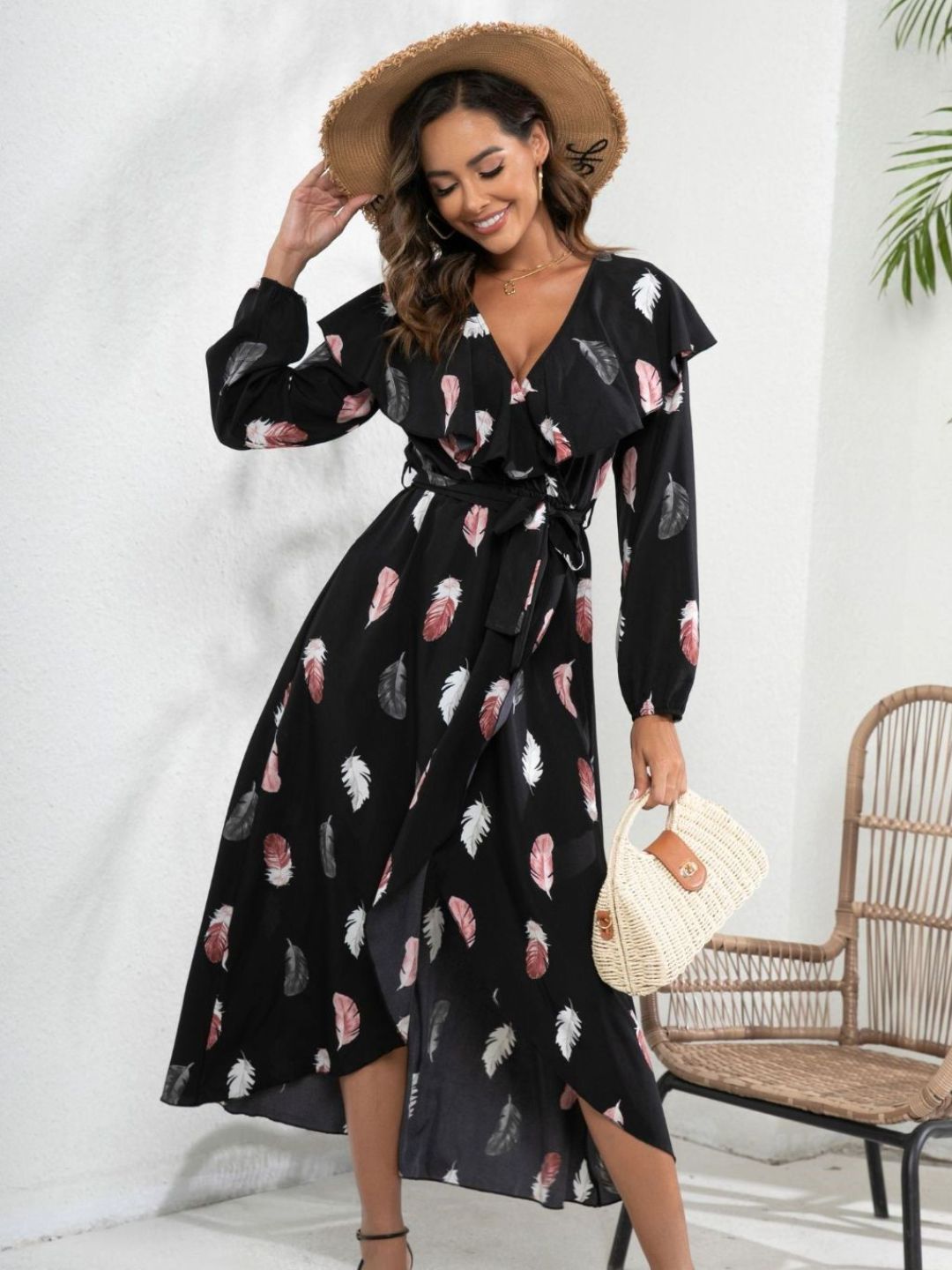 Oh Rare Black Feather Print Ruffle Collar Lantern Sleeve Wrap Dress