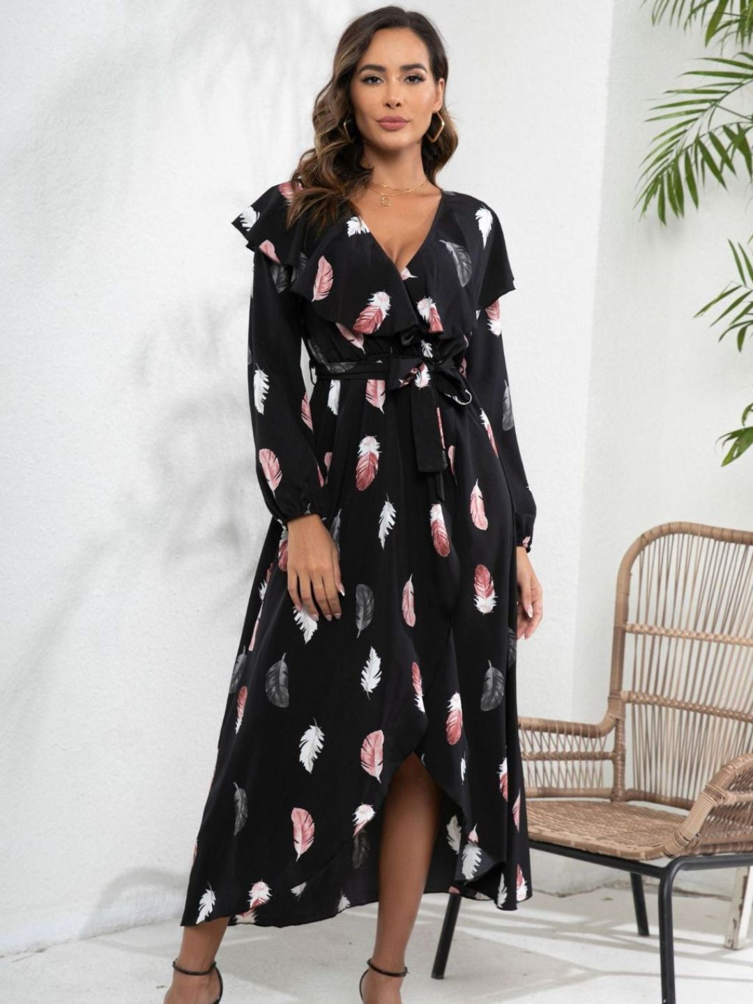 Oh Rare Black Feather Print Ruffle Collar Lantern Sleeve Wrap Dress