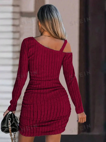 Oh Rare Womens Mini Dress Solid Color Slanted Shoulder Temperament