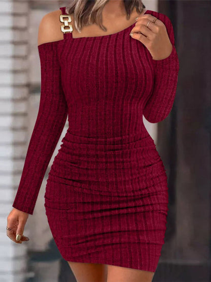 Oh Rare Womens Mini Dress Solid Color Slanted Shoulder Temperament