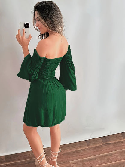 Oh Rare Womens Solid Color Off Shoulder Trumpet Sleeve Mini Dress