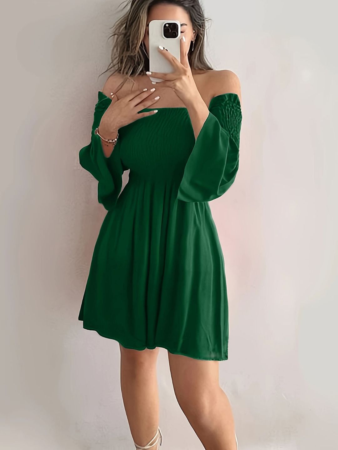 Oh Rare Womens Solid Color Off Shoulder Trumpet Sleeve Mini Dress