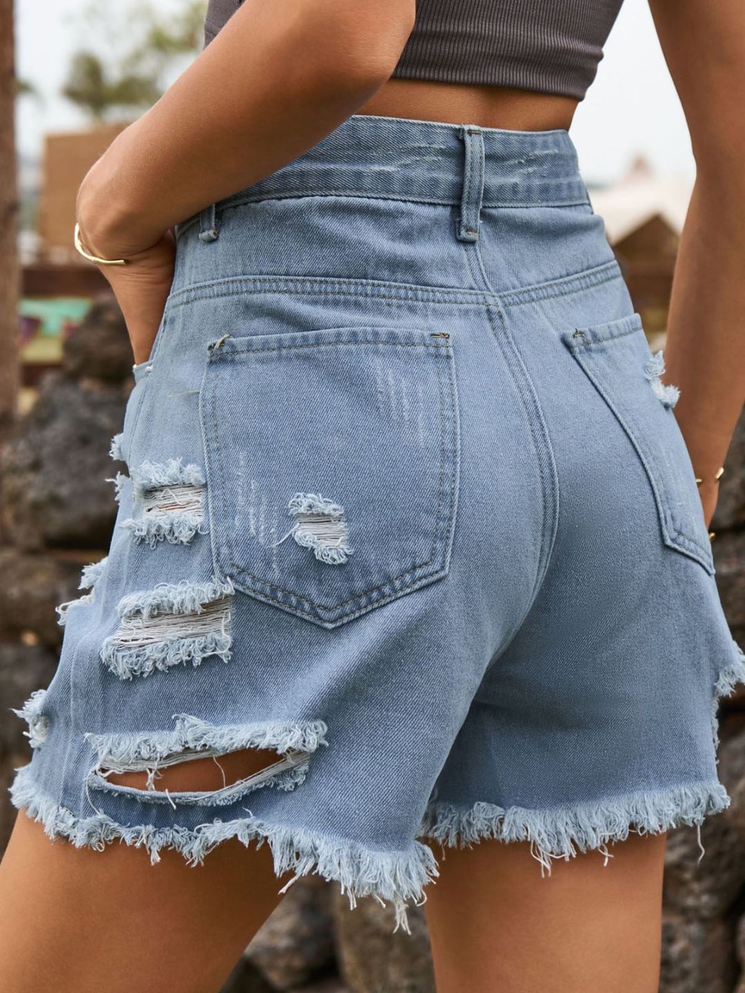 Oh Rare Women Blue High-Rise Denim Ripped Shorts