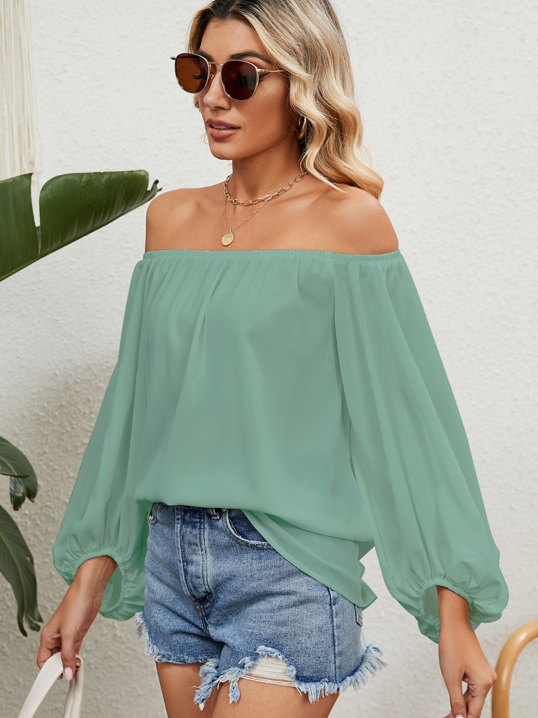 Oh Rare Off-Shoulder Long Puff Sleeves Bardot Top