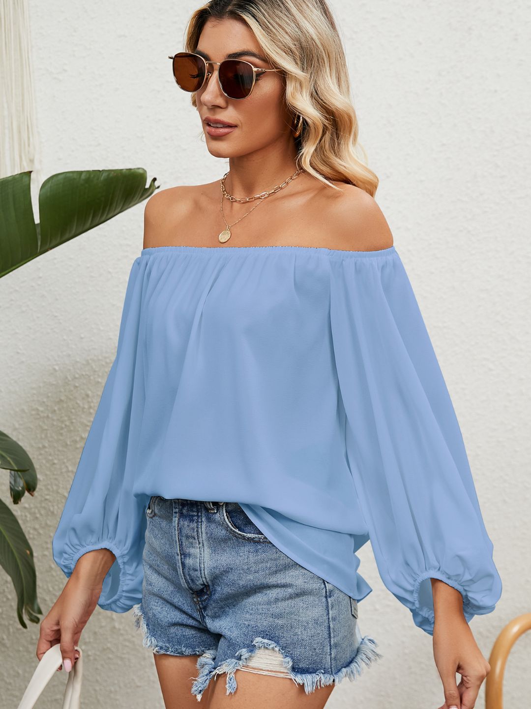 Oh Rare Off-Shoulder Long Puff Sleeves Bardot Top