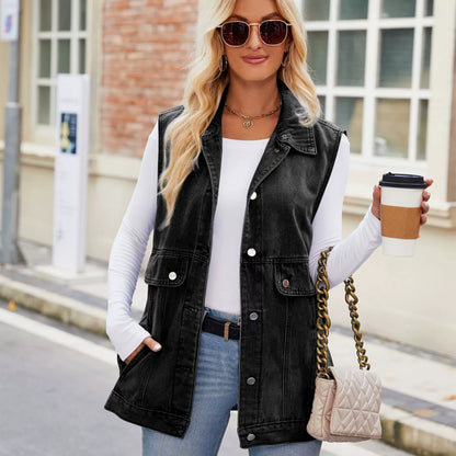 Oh Rare Hooded Sleeveless Longline Denim Jacket