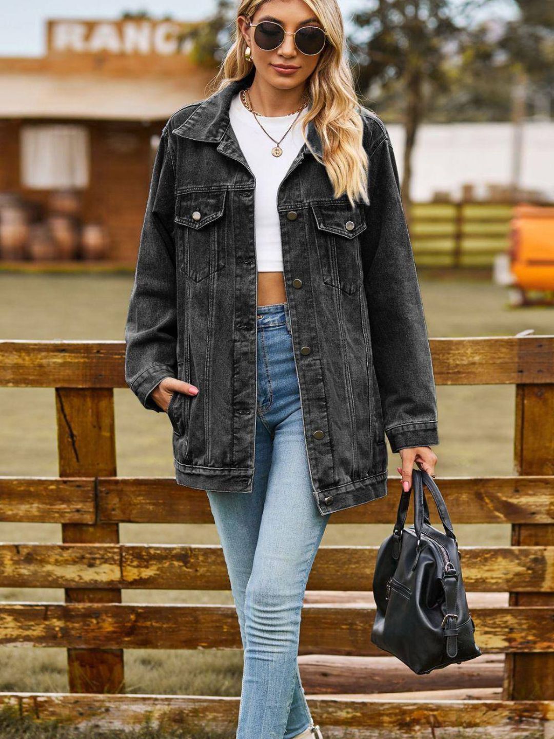 Oh Rare Hooded Long Sleeves Pockets Longline Denim Jacket
